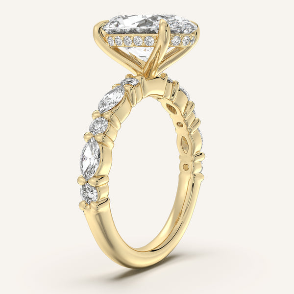 Oval Bubble Band Hidden Halo Engagement Ring | 18k Yellow Gold