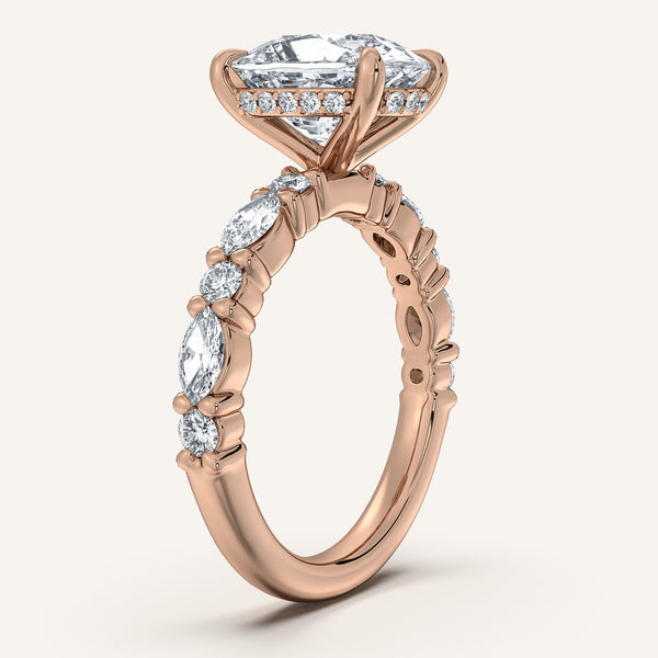 Cushion Cut Bubble Band Hidden Halo Engagement Ring | 14k Rose Gold