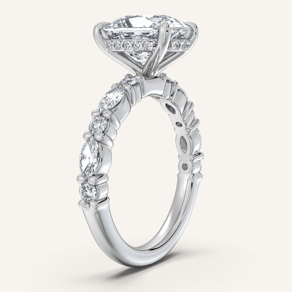 Cushion Cut Bubble Band Hidden Halo Engagement Ring | 18k White Gold