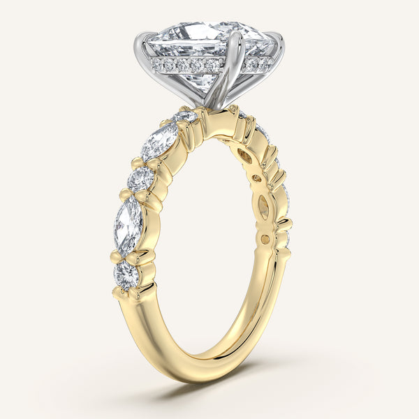 Cushion Cut Bubble Band Hidden Halo Engagement Ring | 18k Two Tone