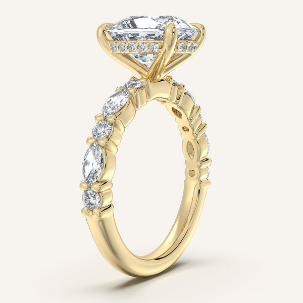 Cushion Cut Bubble Band Hidden Halo Engagement Ring | 18k Yellow Gold