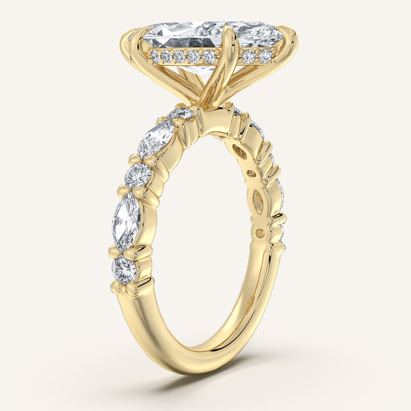 Marquise Bubble Band Hidden Halo Engagement Ring | 18k Yellow Gold