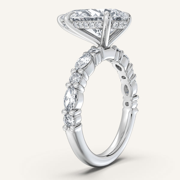 Pear Shape Bubble Band Hidden Halo Engagement Ring | 14k White Gold