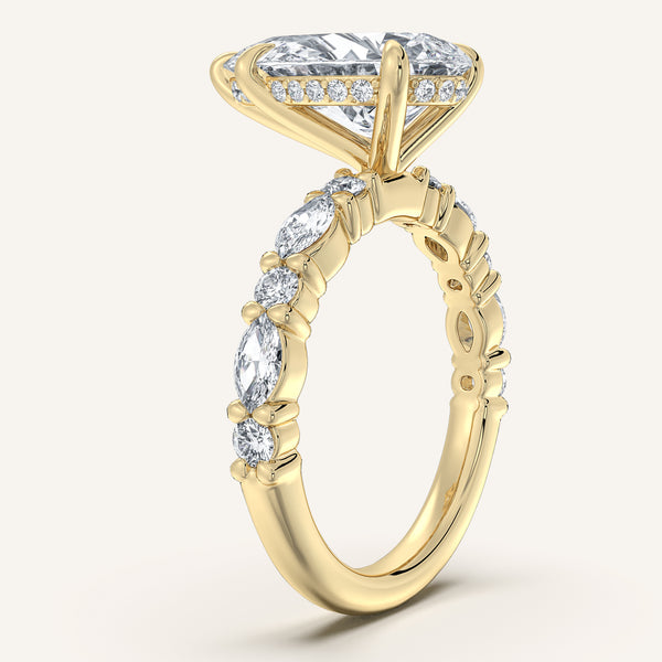 Pear Shape Bubble Band Hidden Halo Engagement Ring | 14k Yellow Gold