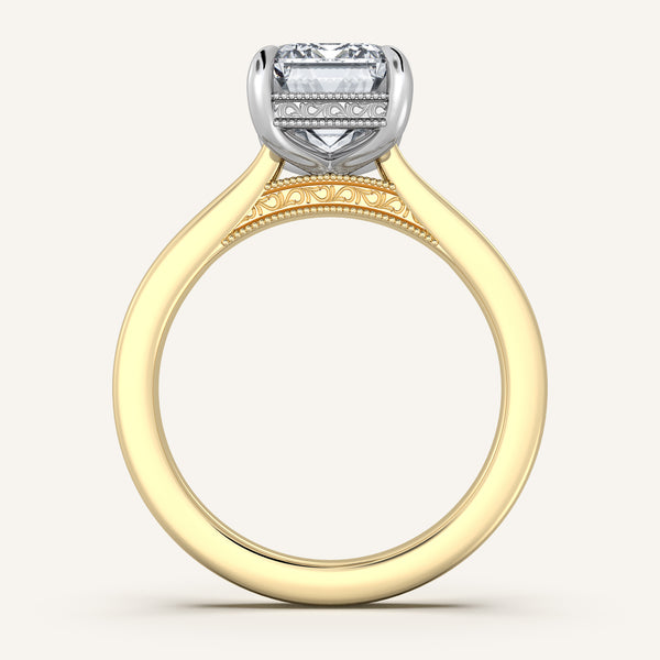 Emerald Cut Heirloom Cathedral Engagement Ring | 18k Two Tone
