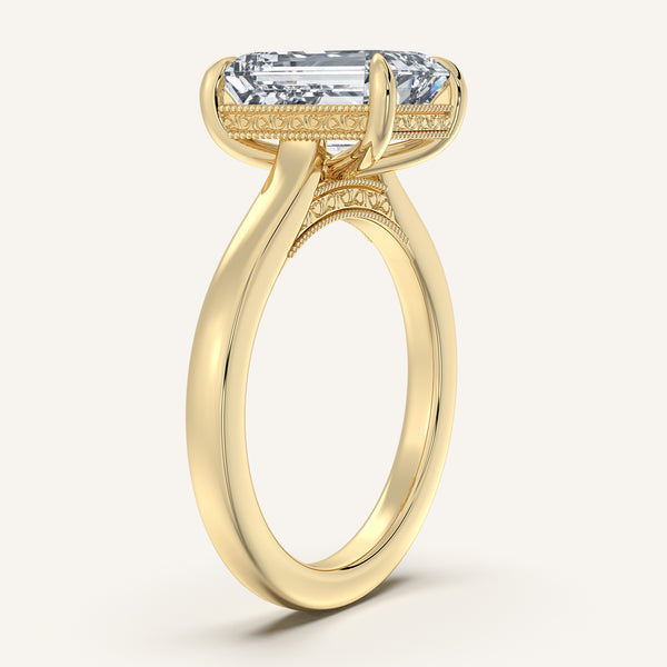Emerald Cut Heirloom Cathedral Engagement Ring | 14k Yellow Gold