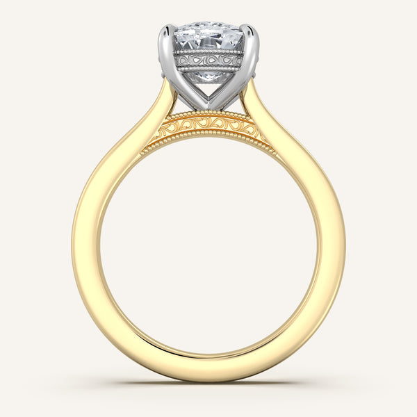 Cushion Cut Heirloom Cathedral Engagement Ring | 18k Two Tone