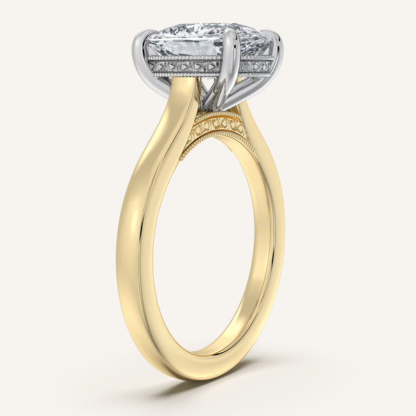 Cushion Cut Heirloom Cathedral Engagement Ring | 14k Two Tone