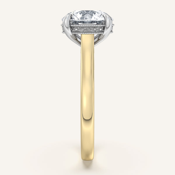 Round Heirloom Cathedral Engagement Ring | 14k Two Tone