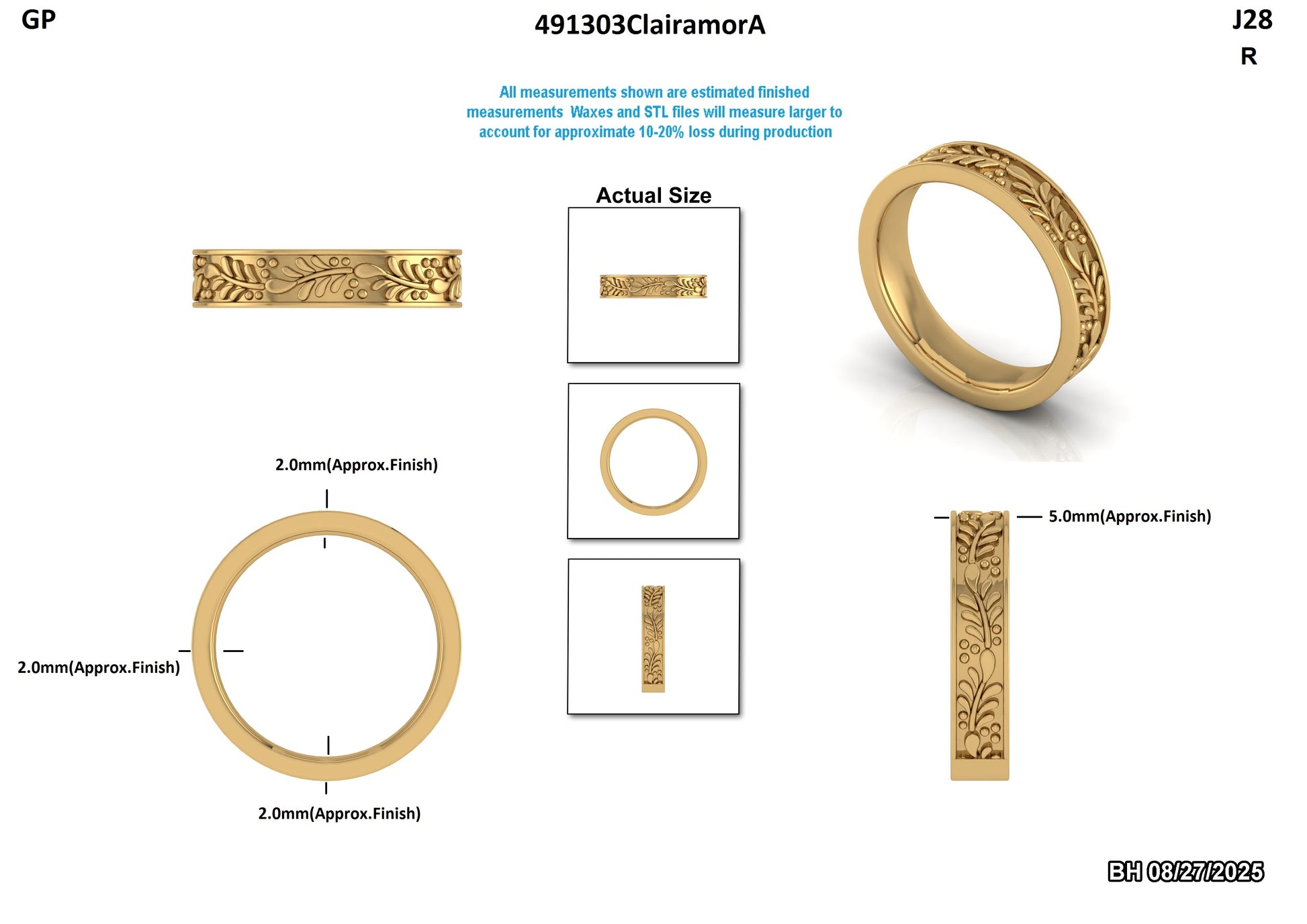 Elegant gold ring with floral engravings, showcasing detailed craftsmanship and measurements for ethical lab-grown diamond settings.