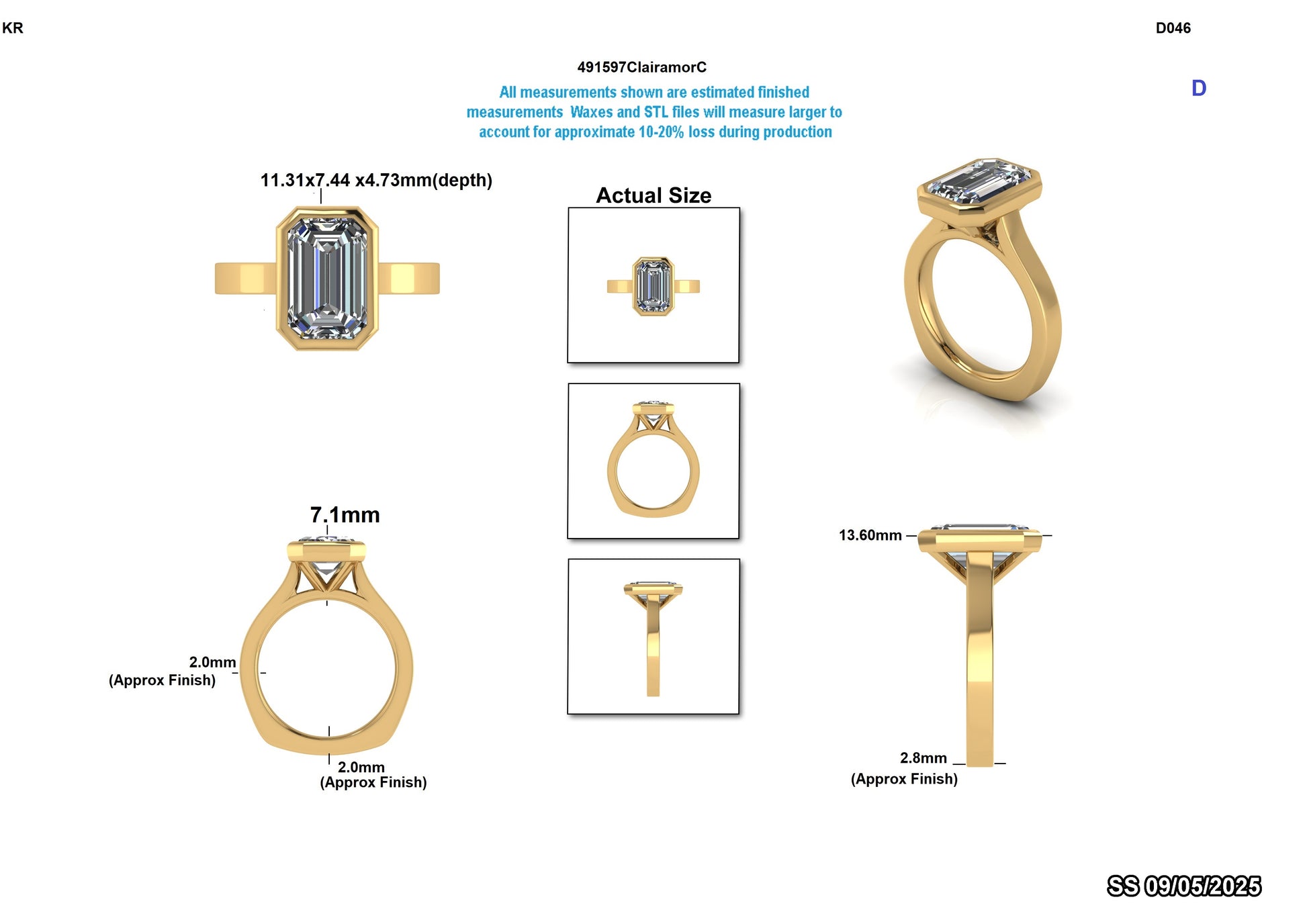 Lab-grown diamond engagement ring in yellow gold, emerald cut, with detailed尺寸 views and measurements