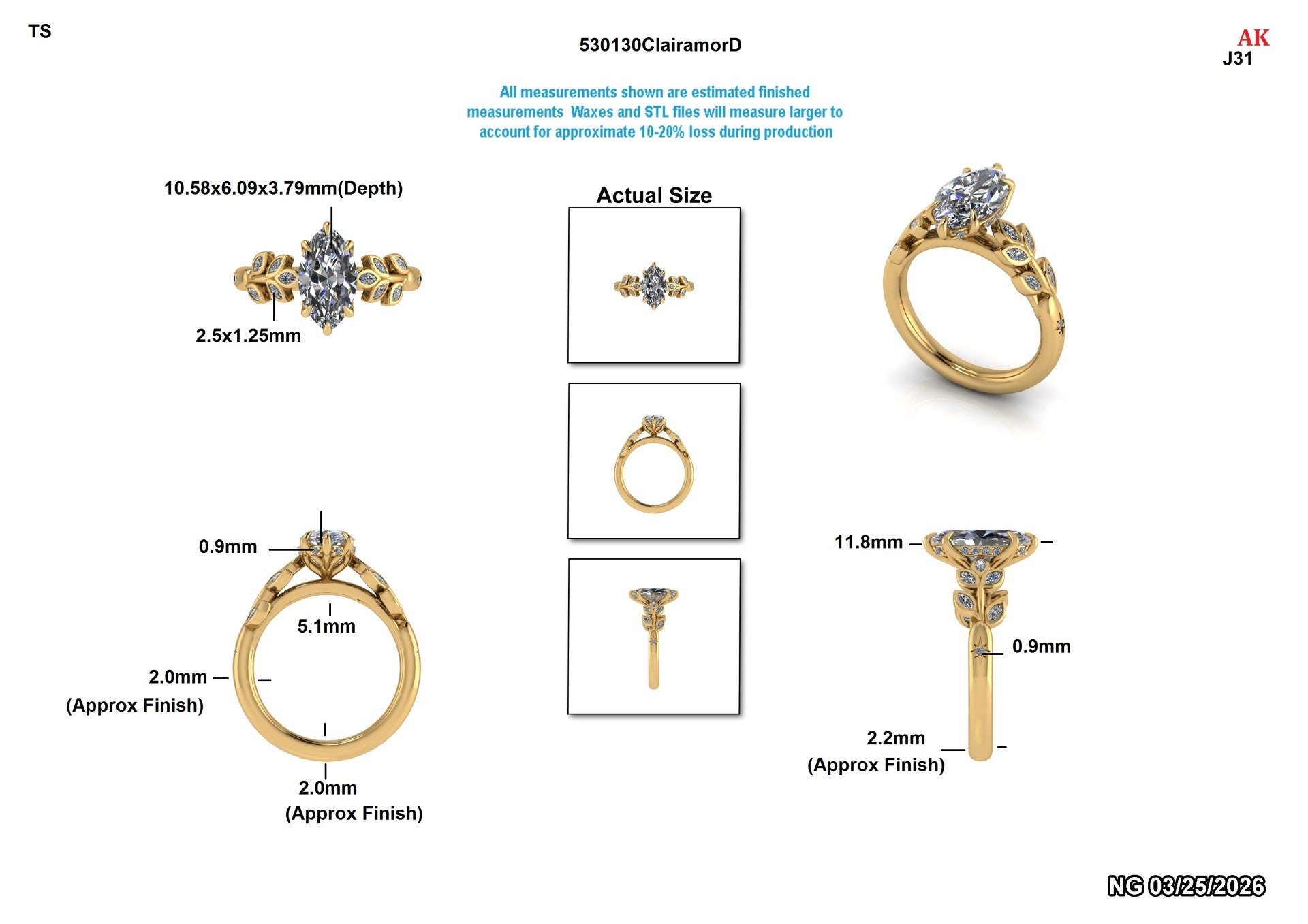 Lab-grown diamond engagement ring with leaf motif, yellow gold band, detailed measurements shown