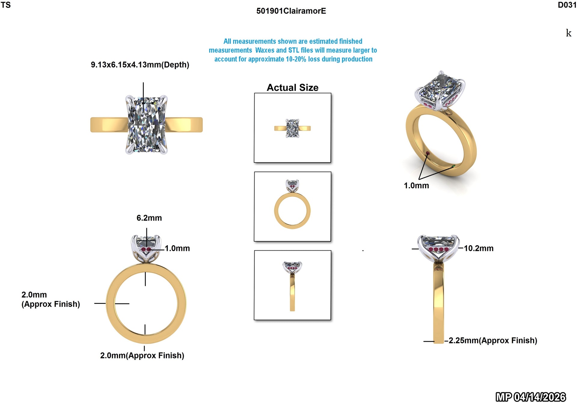 Lab-grown diamond engagement ring with yellow gold band, detailed measurements, and red accent stones