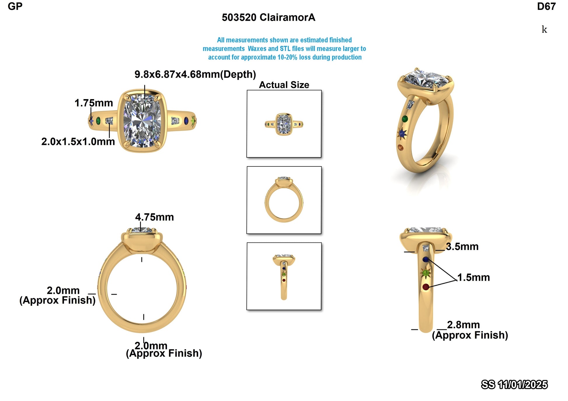 Lab-grown diamond engagement ring with cushion cut center stone, colorful side accents, and detailed measurements
