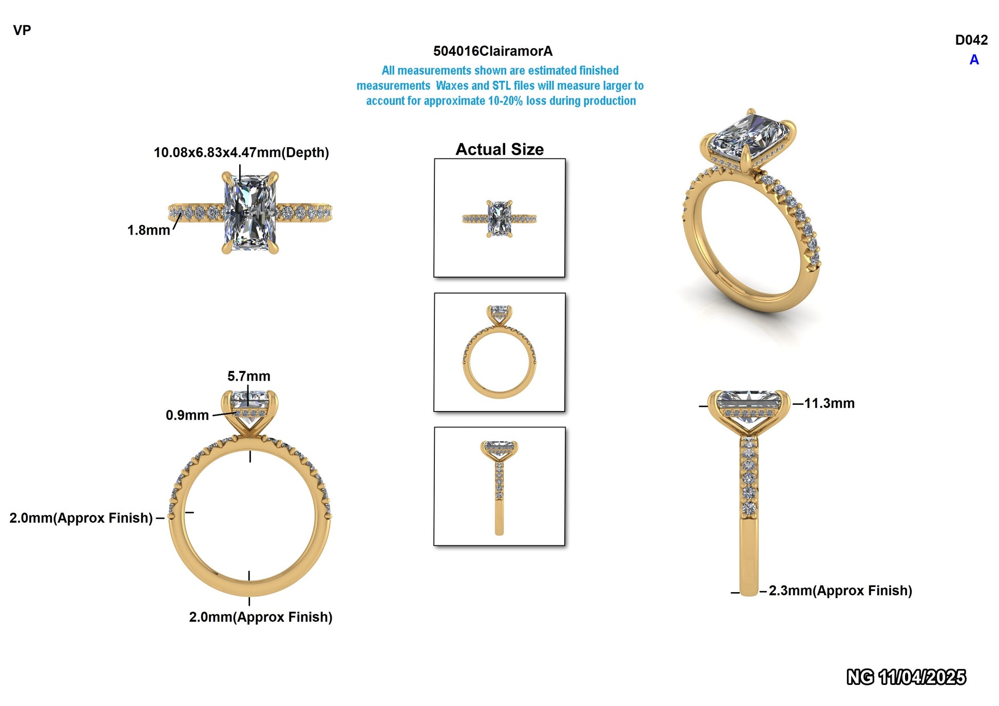 Lab-grown diamond engagement ring with emerald cut center stone, gold band, and detailed measurements