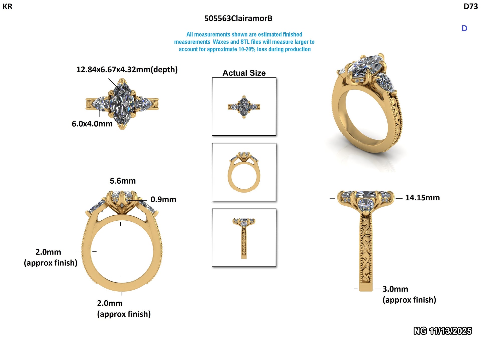 Lab-grown diamond engagement ring with marquise center stone, gold band, and detailed measurements for ethical, sustainable jewelry.