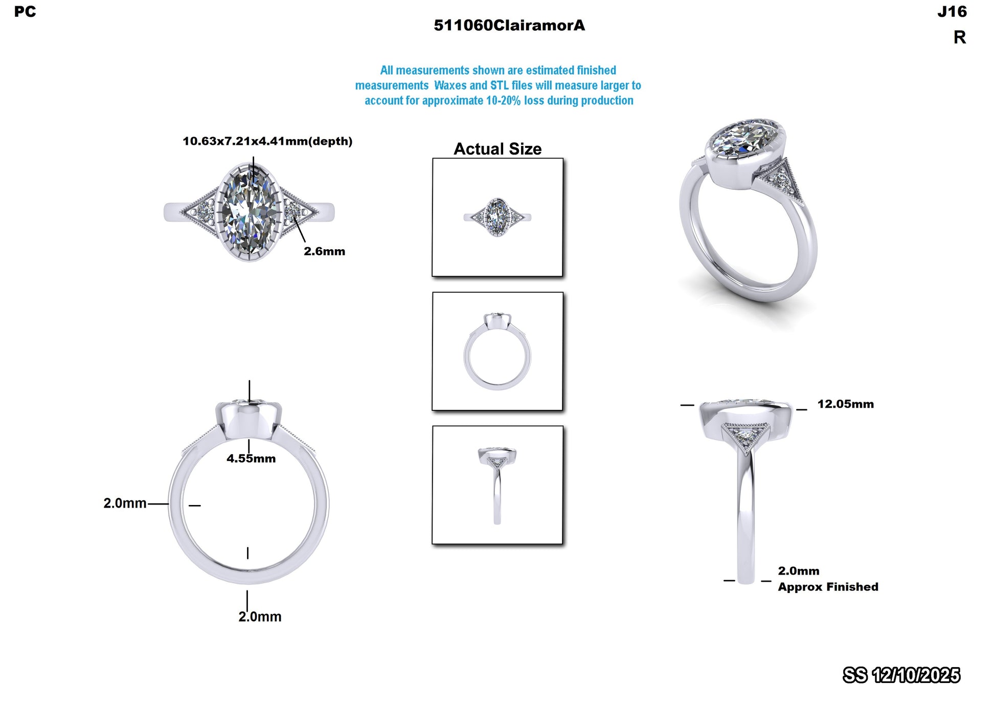 Lab-grown diamond engagement ring with detailed measurements and actual size views