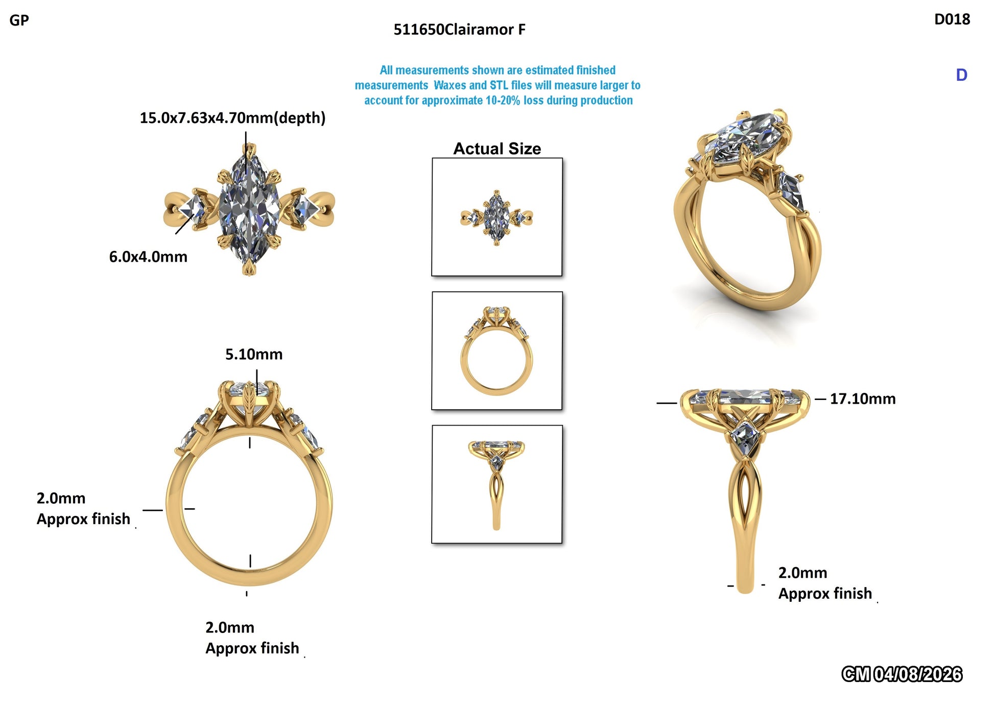 Lab-grown diamond engagement ring with marquise center stone, gold band, and detailed measurements