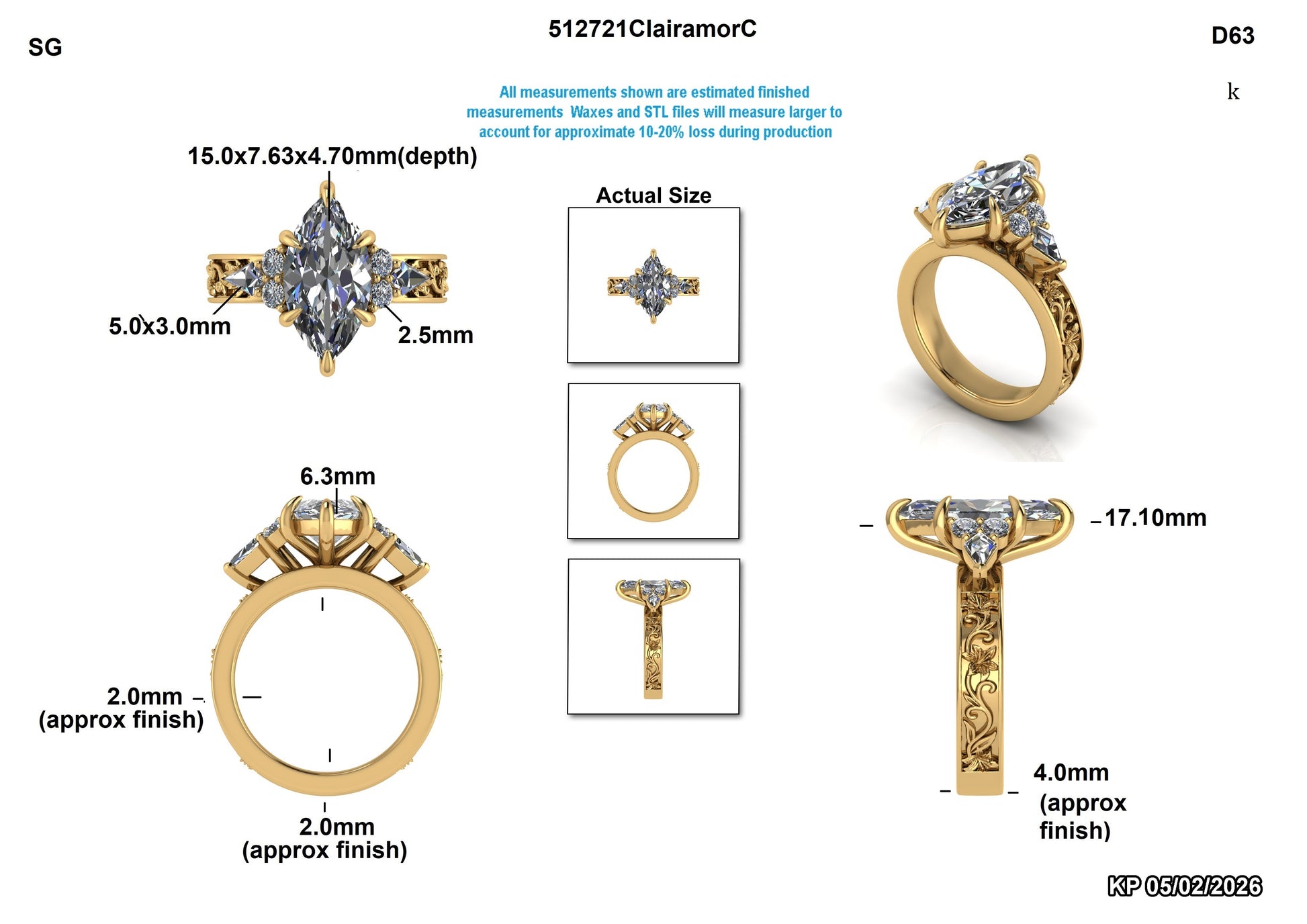 Lab-grown diamond engagement ring with marquise center stone, gold band, and detailed measurements
