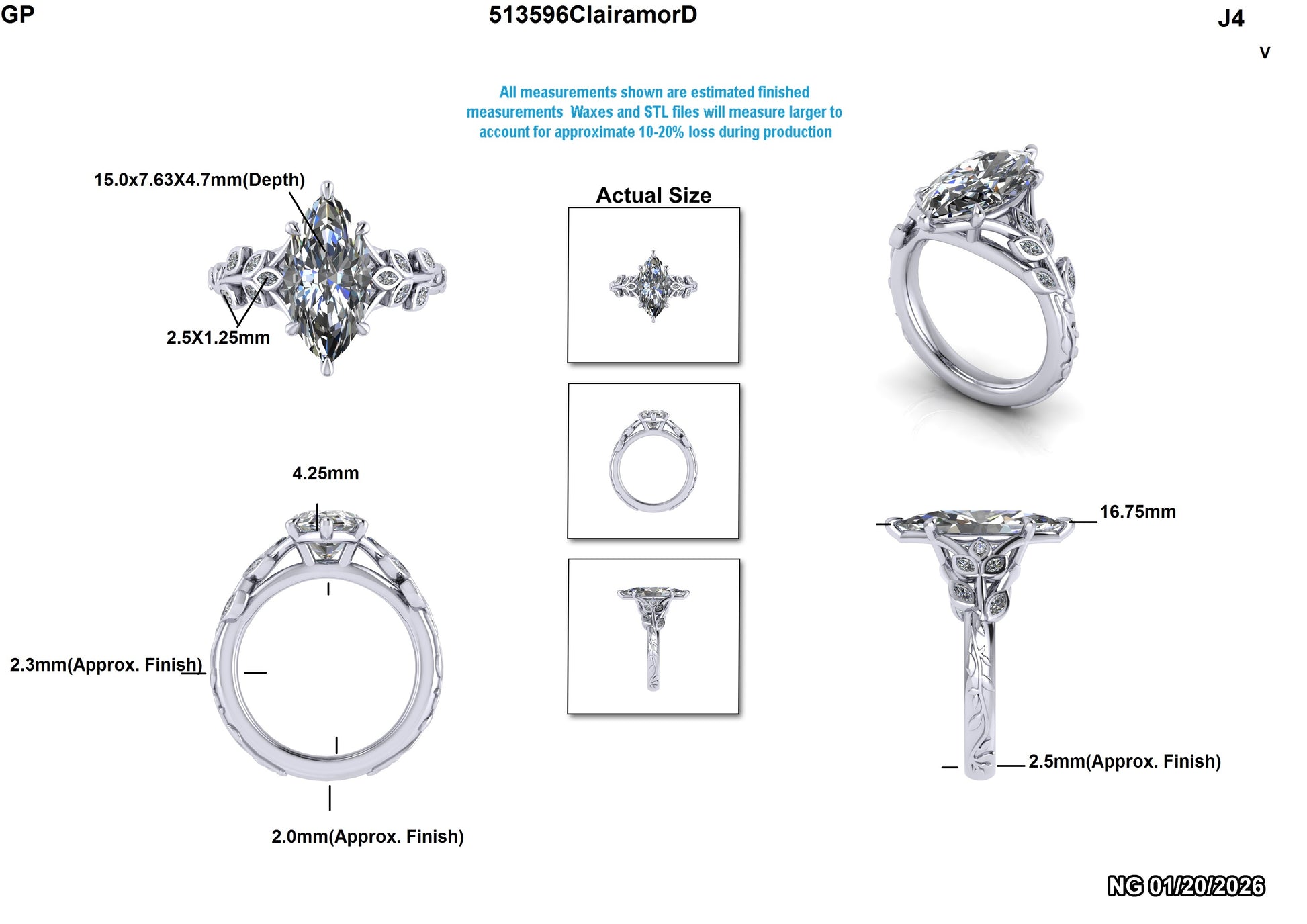 Lab-grown diamond engagement ring with marquise center stone and leaf-inspired band details