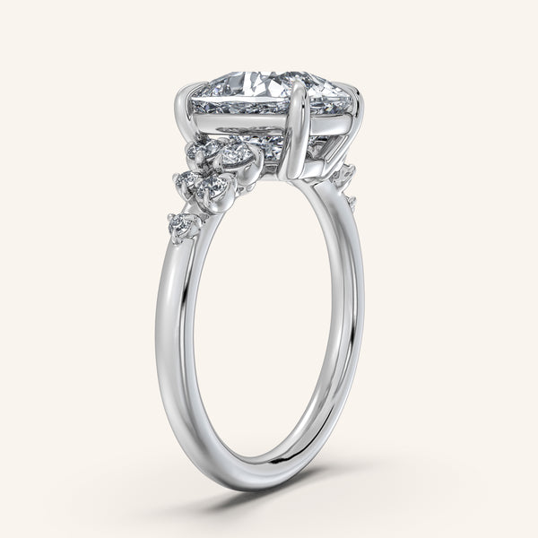 Cushion Floral Accent Engagement Ring | 14k White Gold
