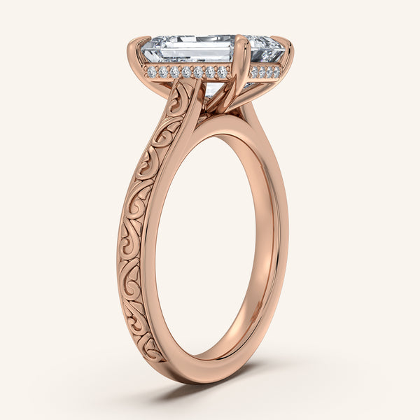 Emerald Engraved Cathedral Engagement Ring | 18k Rose Gold