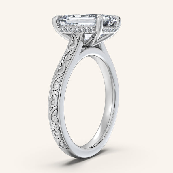 Emerald Engraved Cathedral Engagement Ring | Platinum
