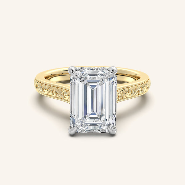 Emerald Engraved Cathedral Engagement Ring | 14k Two Tone