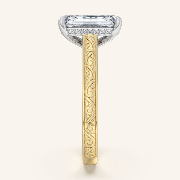 Emerald Engraved Cathedral Engagement Ring | 18k Two Tone
