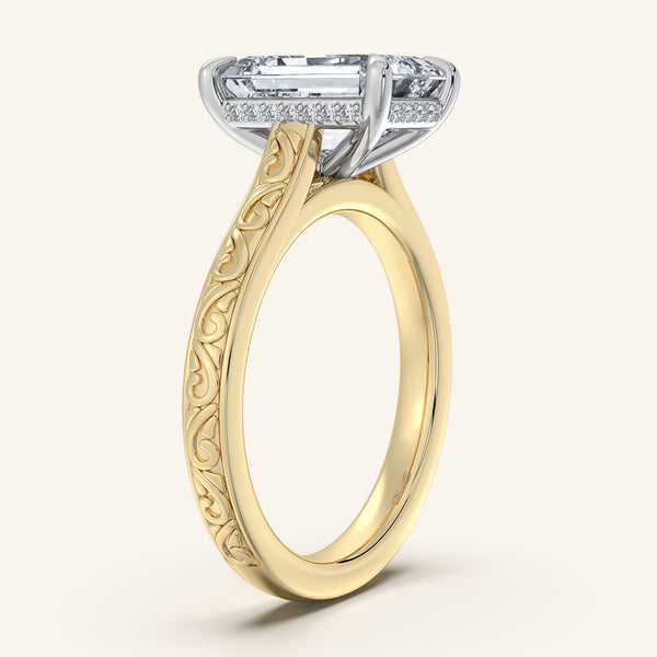 Emerald Engraved Cathedral Engagement Ring | 18k Two Tone