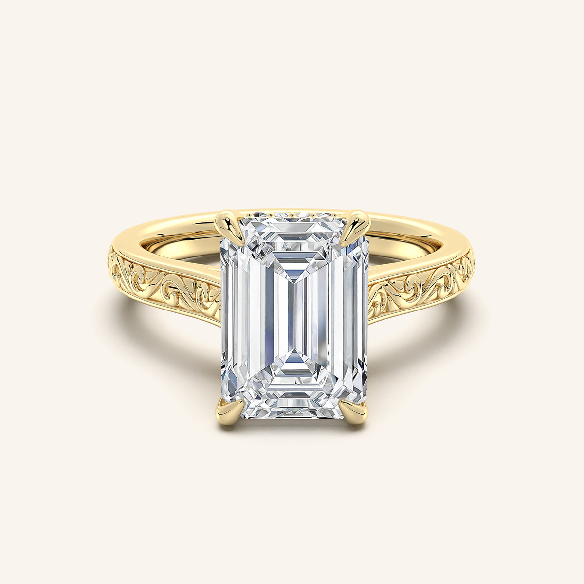 Image for Emerald Engraved Cathedral Engagement Ring | 14k Yellow Gold