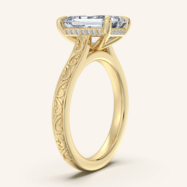 Emerald Engraved Cathedral Engagement Ring | 14k Yellow Gold