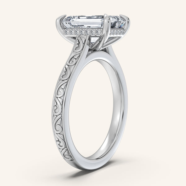 Radiant Engraved Cathedral Engagement Ring | 14k White Gold