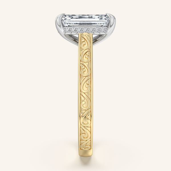 Radiant Engraved Cathedral Engagement Ring | 18k Two Tone