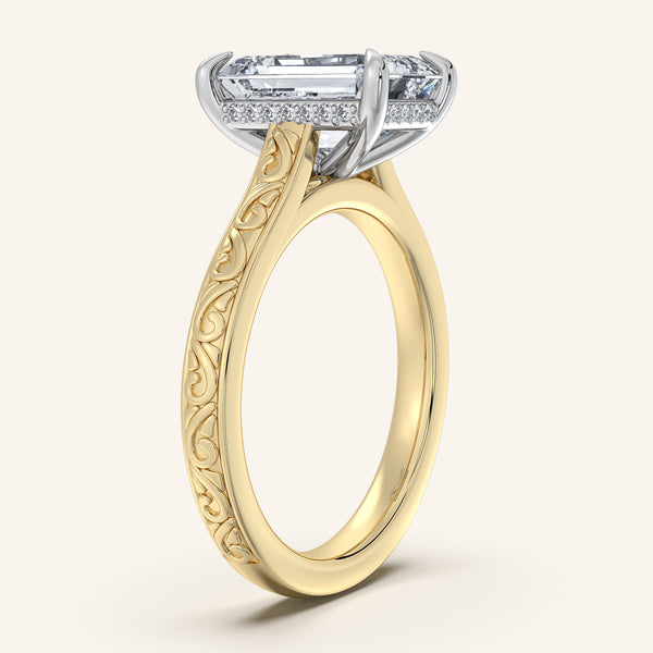 Radiant Engraved Cathedral Engagement Ring | 18k Two Tone
