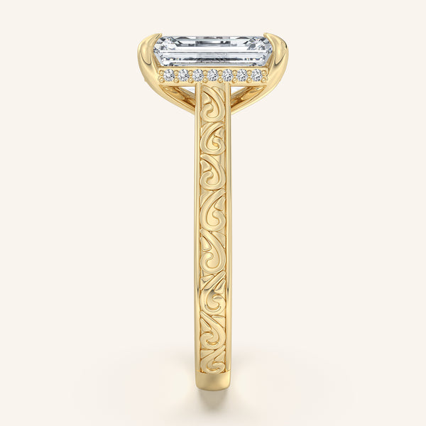Radiant Engraved Cathedral Engagement Ring | 18k Yellow Gold