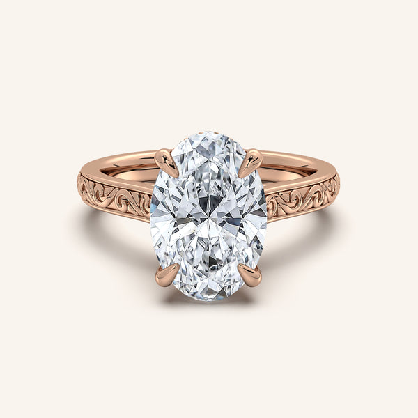 Oval Engraved Cathedral Engagement Ring | 18k Rose Gold