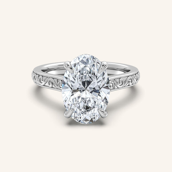 Oval Engraved Cathedral Engagement Ring | Platinum