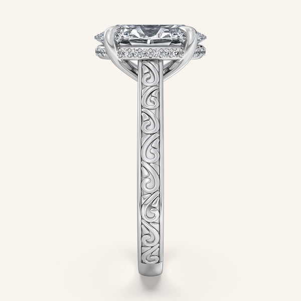 Oval Engraved Cathedral Engagement Ring | 18k White Gold