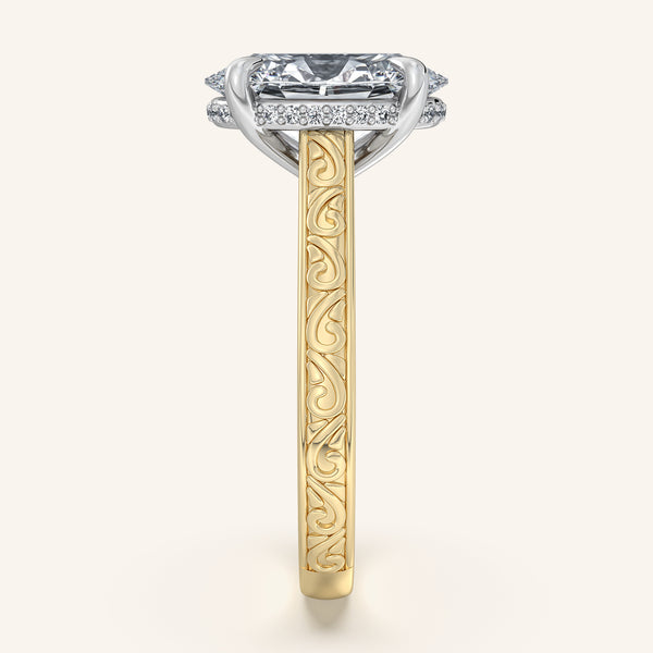 Oval Engraved Cathedral Engagement Ring | 18k Two Tone