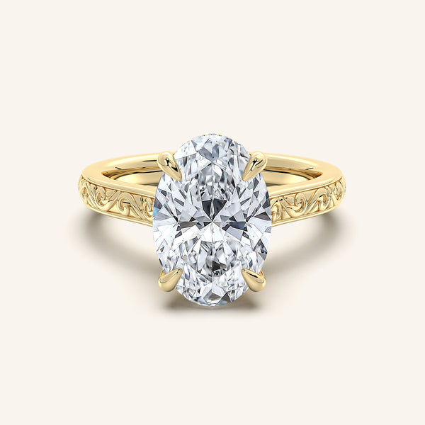 Oval Engraved Cathedral Engagement Ring | 18k Yellow Gold