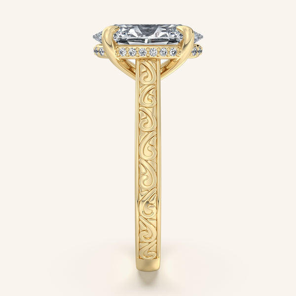 Oval Engraved Cathedral Engagement Ring | 18k Yellow Gold