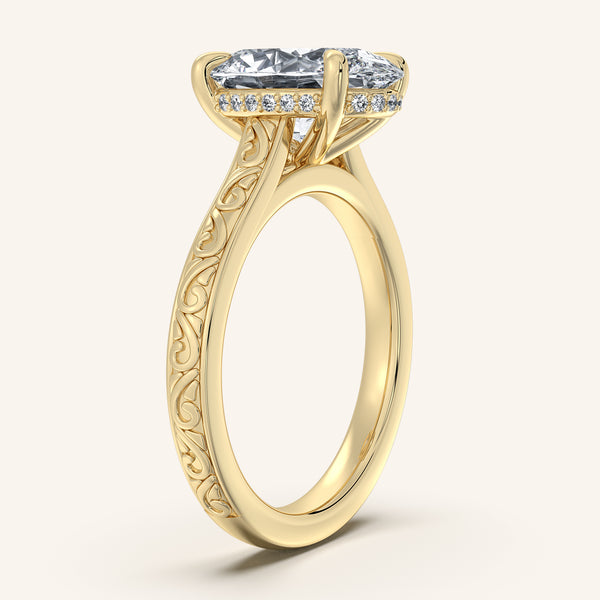Oval Engraved Cathedral Engagement Ring | 14k Yellow Gold