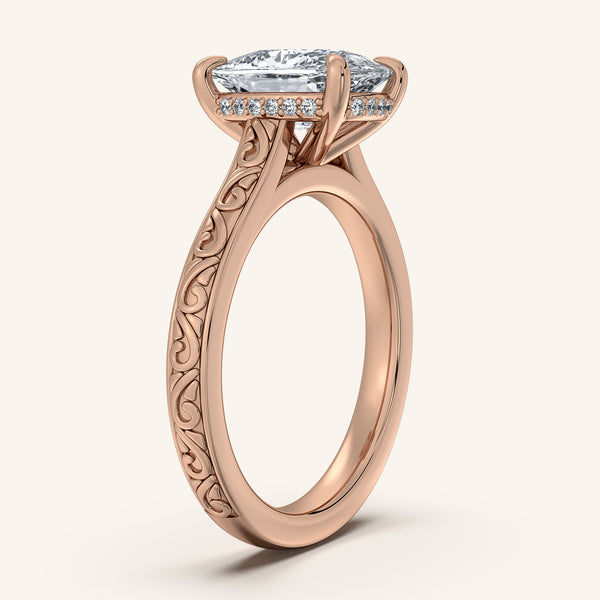 Cushion Engraved Cathedral Engagement Ring | 14k Rose Gold