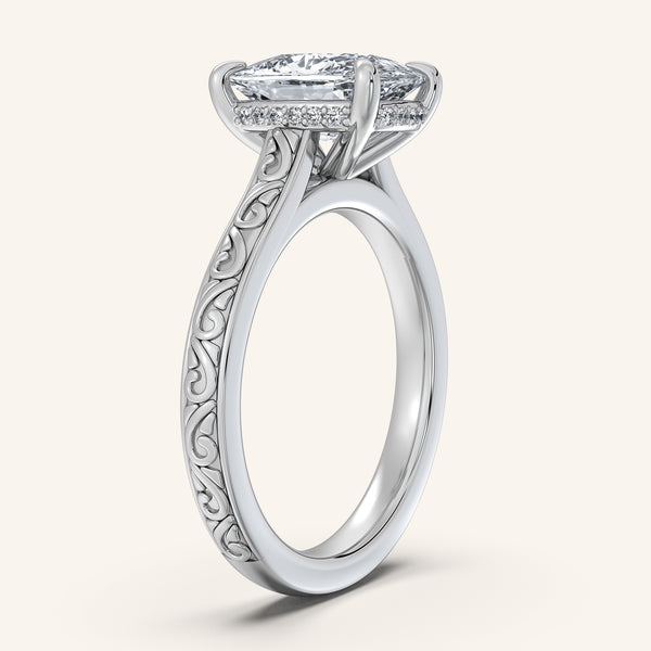 Cushion Engraved Cathedral Engagement Ring | 18k White Gold