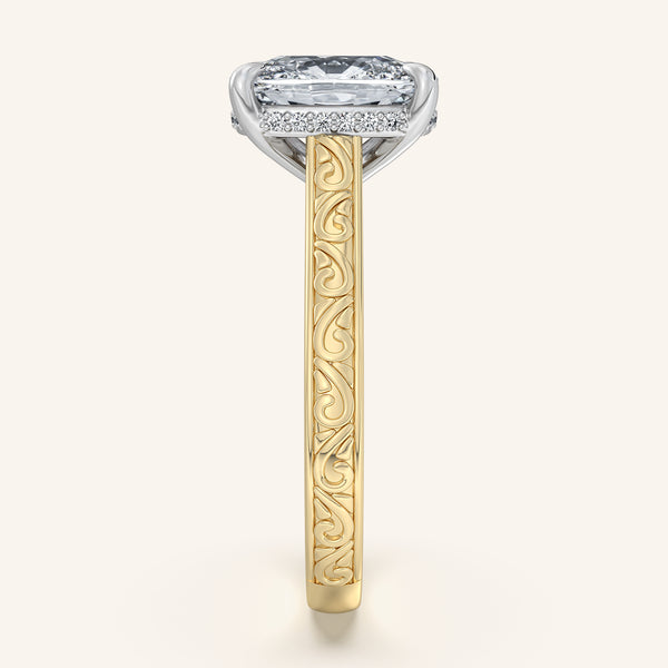 Cushion Engraved Cathedral Engagement Ring | 14k Two Tone
