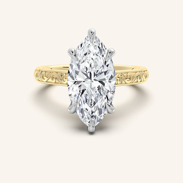 Marquise Engraved Cathedral Engagement Ring | 14k Two Tone