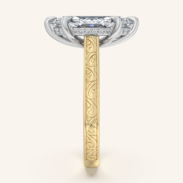 Marquise Engraved Cathedral Engagement Ring | 18k Two Tone