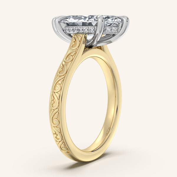 Marquise Engraved Cathedral Engagement Ring | 18k Two Tone