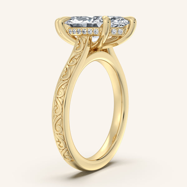 Marquise Engraved Cathedral Engagement Ring | 18k Yellow Gold
